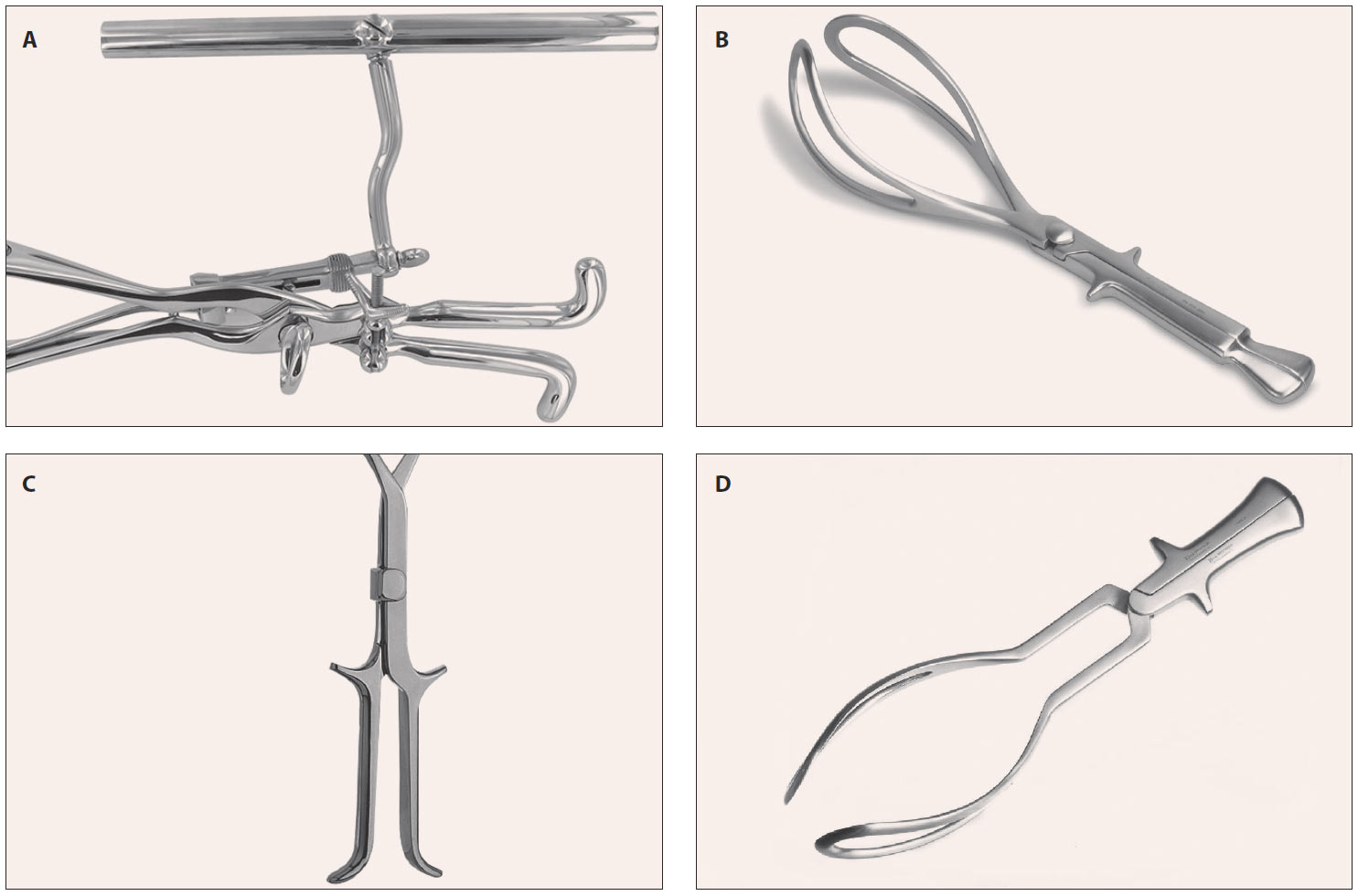 Figure 1. Different forceps instruments used in obstetrics (A: Tarnier, B: Naegele, C: Kielland, Dd: Simpson)